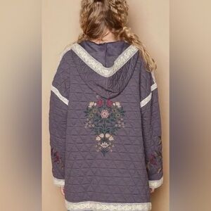 New POL Embroidered Quilted Hooded Jacket with crochet Lace Trim